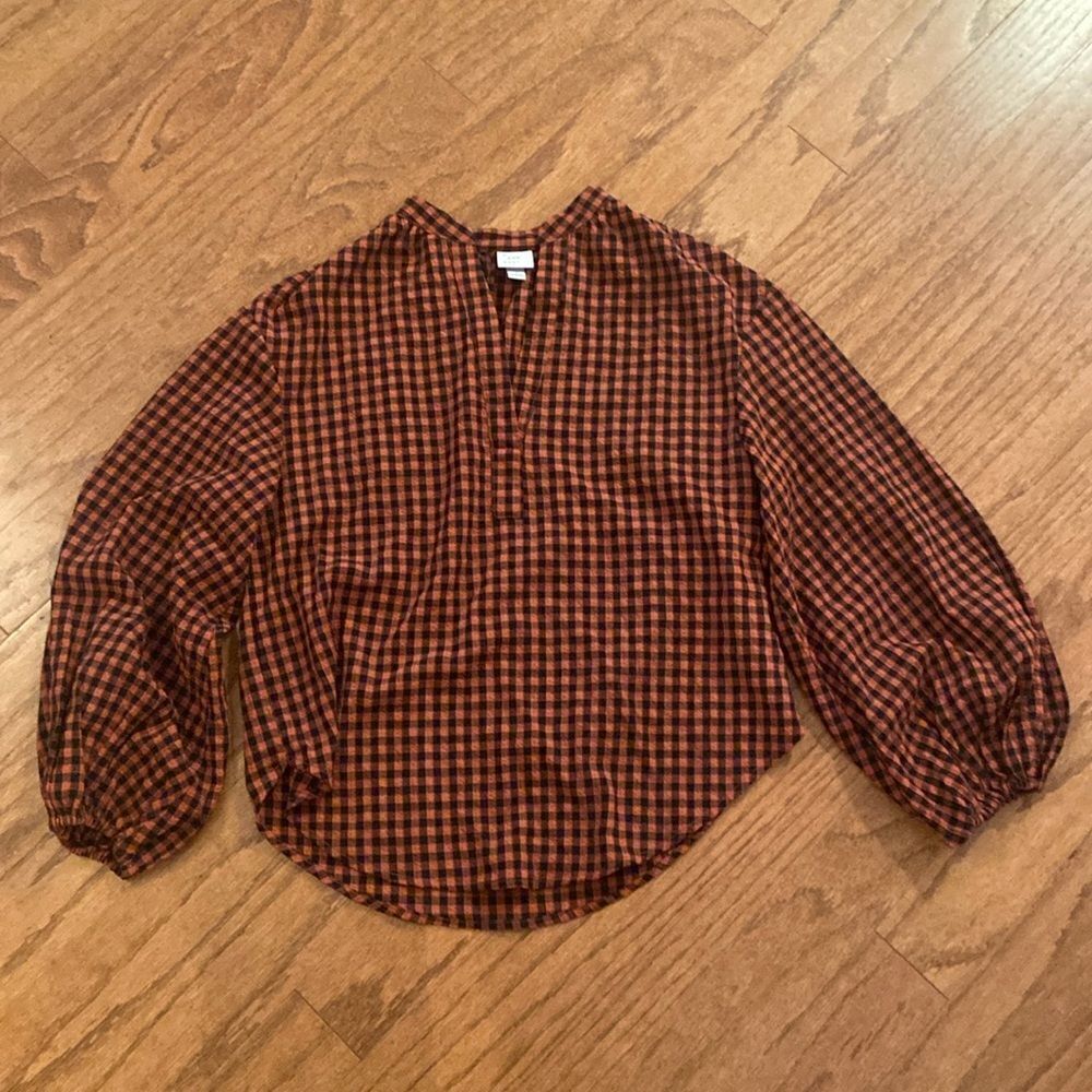 a . new day, extra small shirt, orange, and black plaid